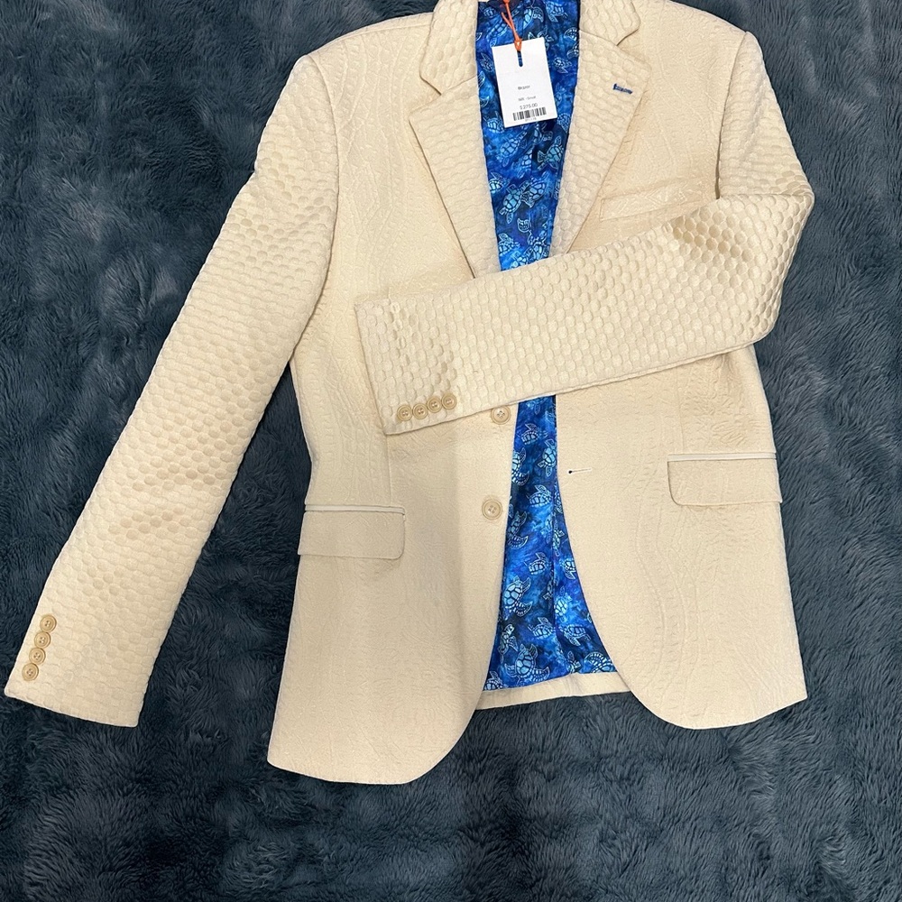 Cream Textured Men's Blazer with Blue Floral Lining